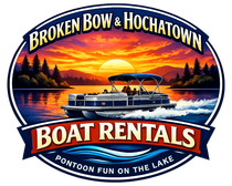 A logo for Broken Bow & Hochatown Boat Rentals featuring a pontoon boat on a lake at sunset with mountains in the background.