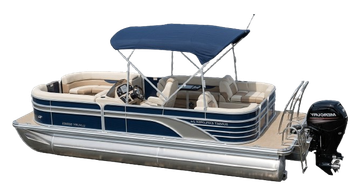 A blue and beige pontoon boat with a Bimini top and outboard motor, set against a plain white background.