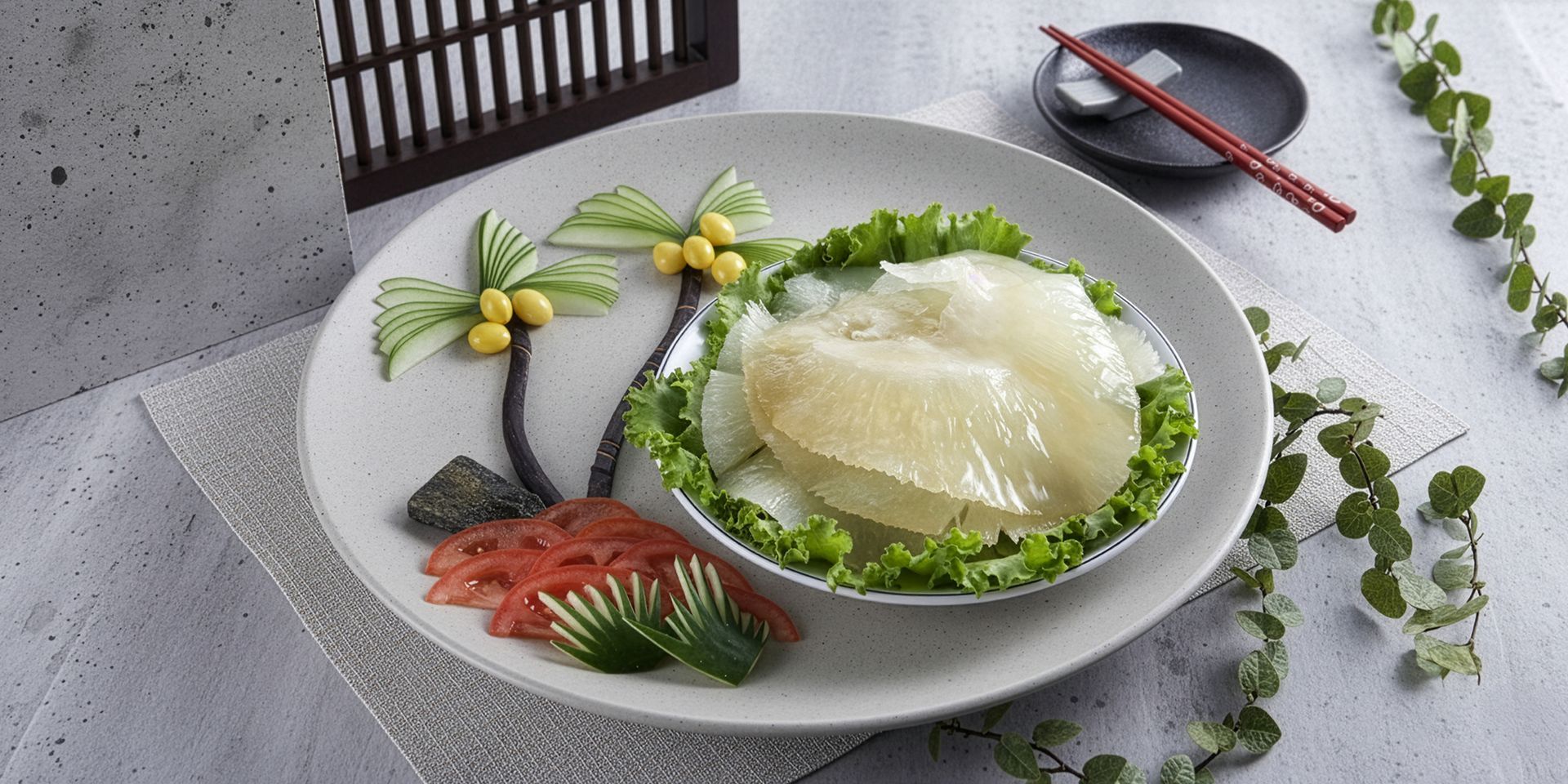 一盤以魚為主題的食物藝術品,配上黃瓜棕櫚樹。