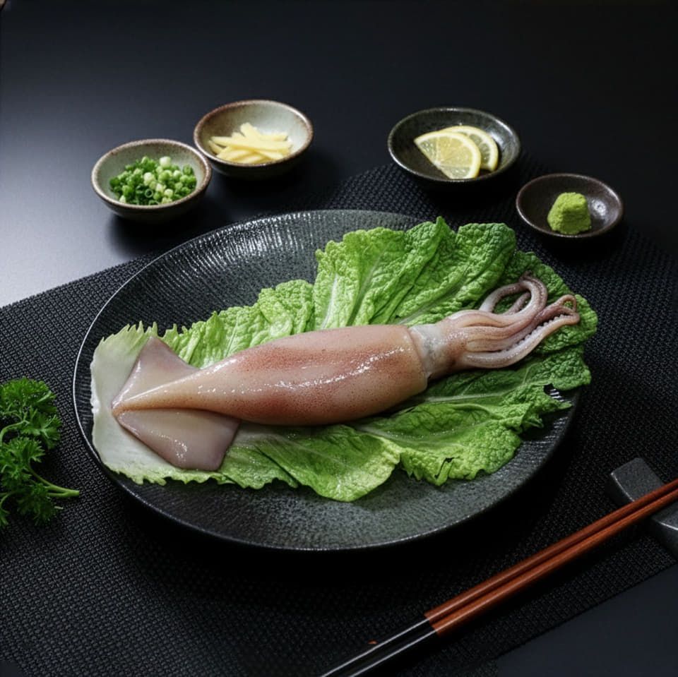 生魷魚佐生菜，佐以薑、檸檬、芥末等調味料。
