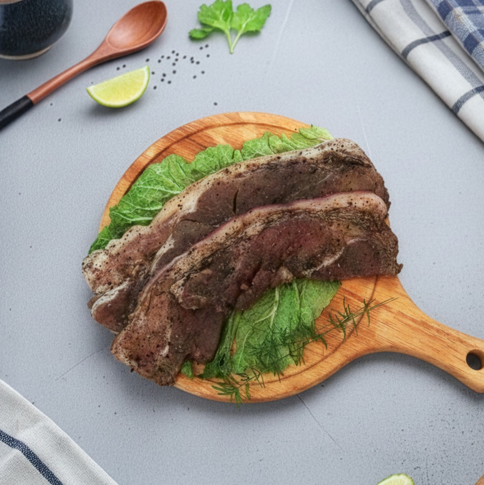 醃製好的肉放在木製砧板上,配上蔬菜、青檸和湯匙。