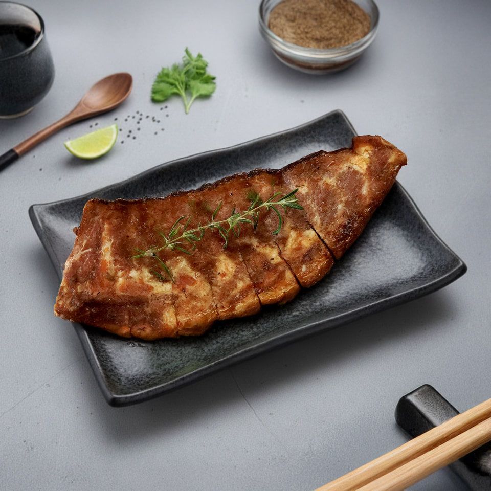 烤魚盛於黑色盤子上，點綴著香草和青檸。筷子、沾醬和醬油杯清晰可見。