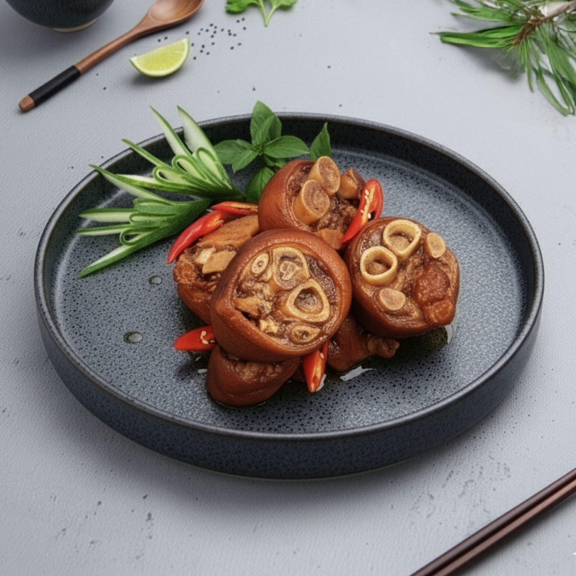 灰色盤子上放著紅燒豬肘,點綴著辣椒和香草,旁邊放著筷子。