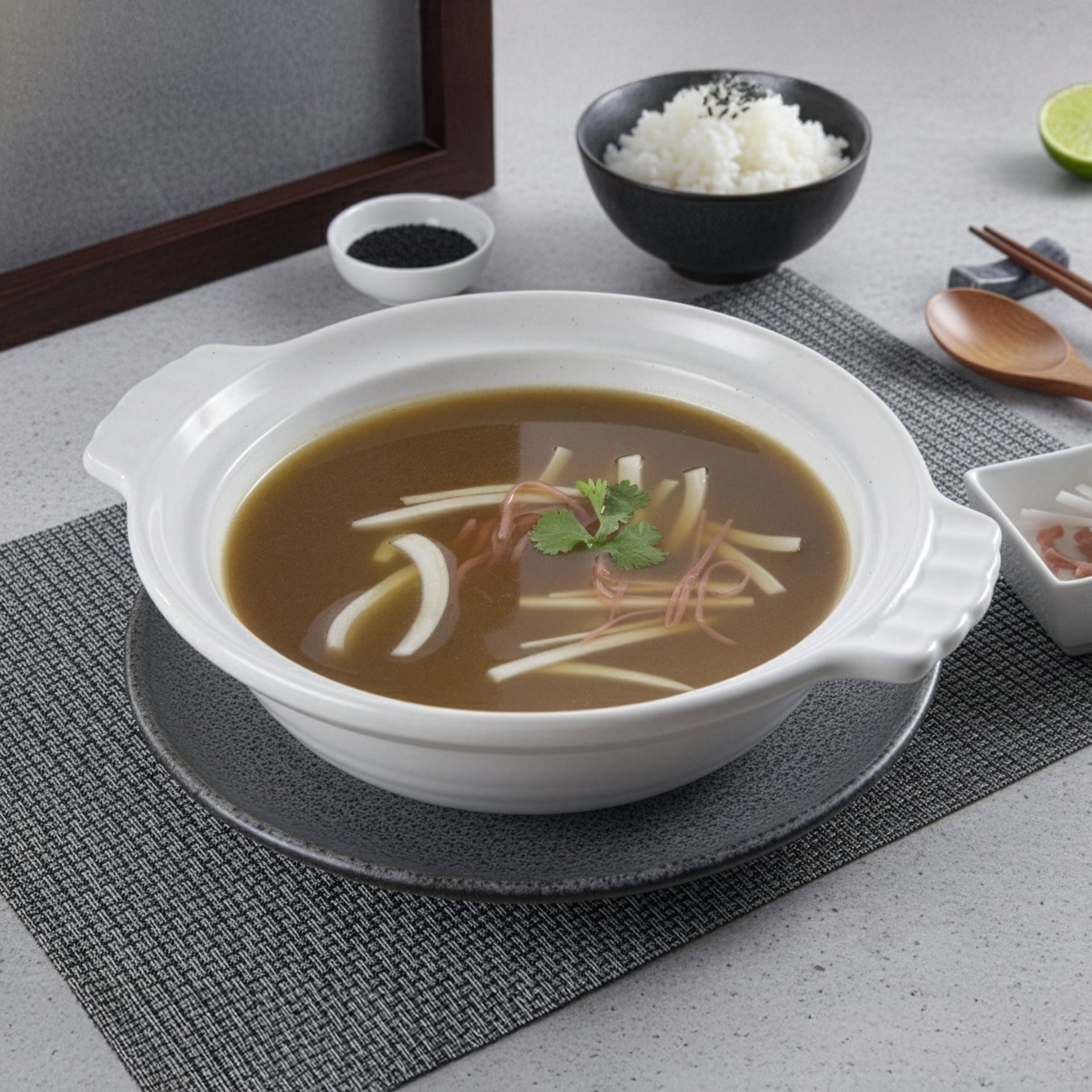 桌上放著一碗湯,裡面有麵條、米飯和一些小菜。