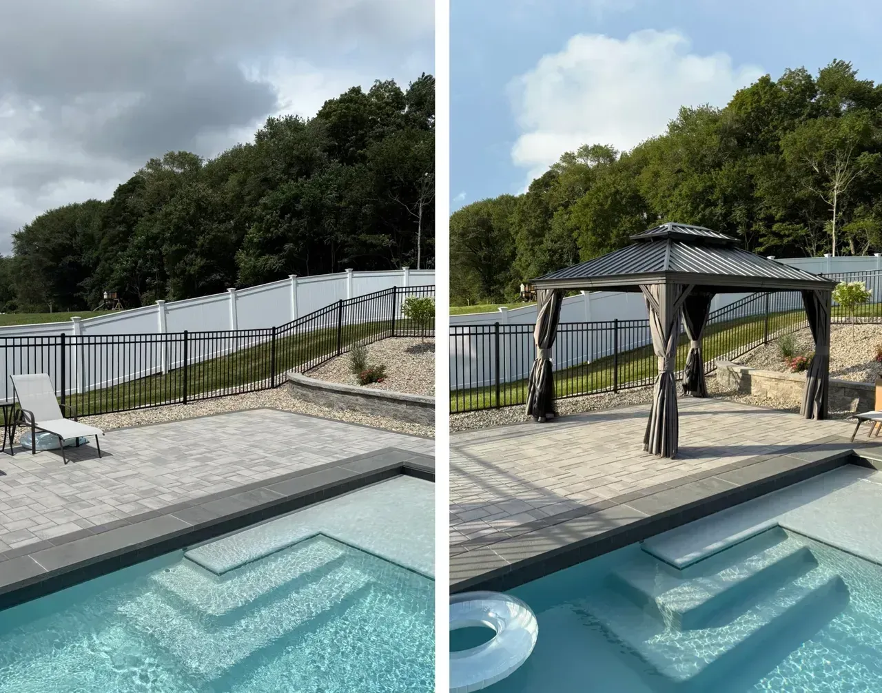 Poolside deck before and after adding a black gazebo beside the pool and fence