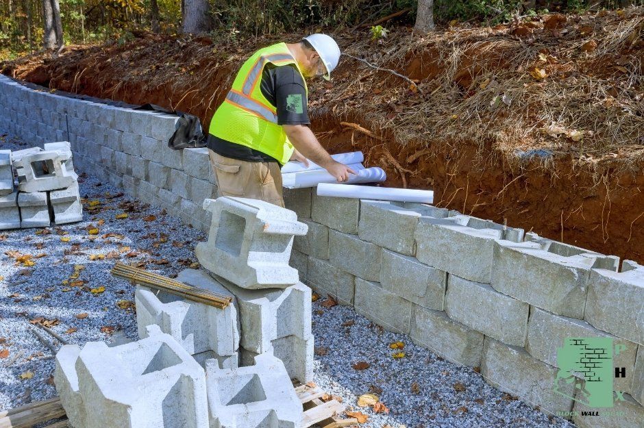 A block wall repair contractor in a safety vest and hard hat reviews blueprints while working on a concrete block retaining wall. The worker examines construction plans with additional gray concrete blocks and rebar visible on the ground at this residential project near W Black Hill Rd, and N 92nd Dr, Peoria, AZ.