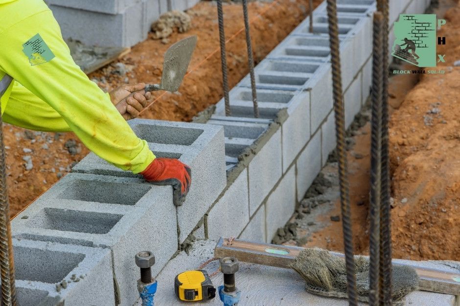 A block wall repair specialist in a high-visibility vest and orange gloves applies mortar with a trowel while constructing a concrete block wall. The worker uses the tools including a measuring tape at this commercial project on N 178th Ave, and W Northern Ave in Waddell, AZ.