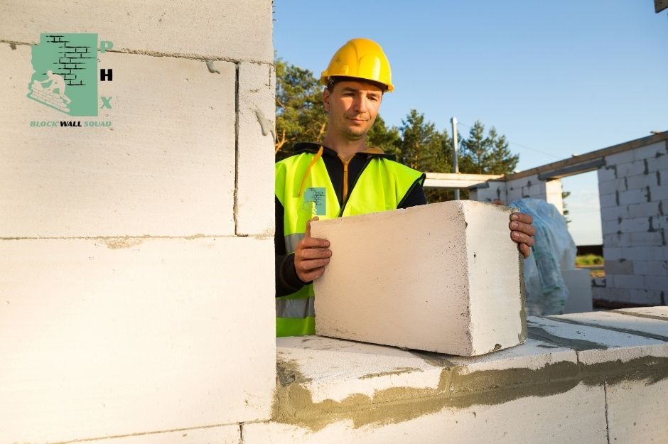 A block wall repair technician wearing a yellow hard hat and bright green safety vest carefully places white concrete blocks on a partially built block wall. Trees and blue sky are visible in the background at this commercial construction site near W Rushmore Dr and N 67th Ave, Rio Vista, AZ.