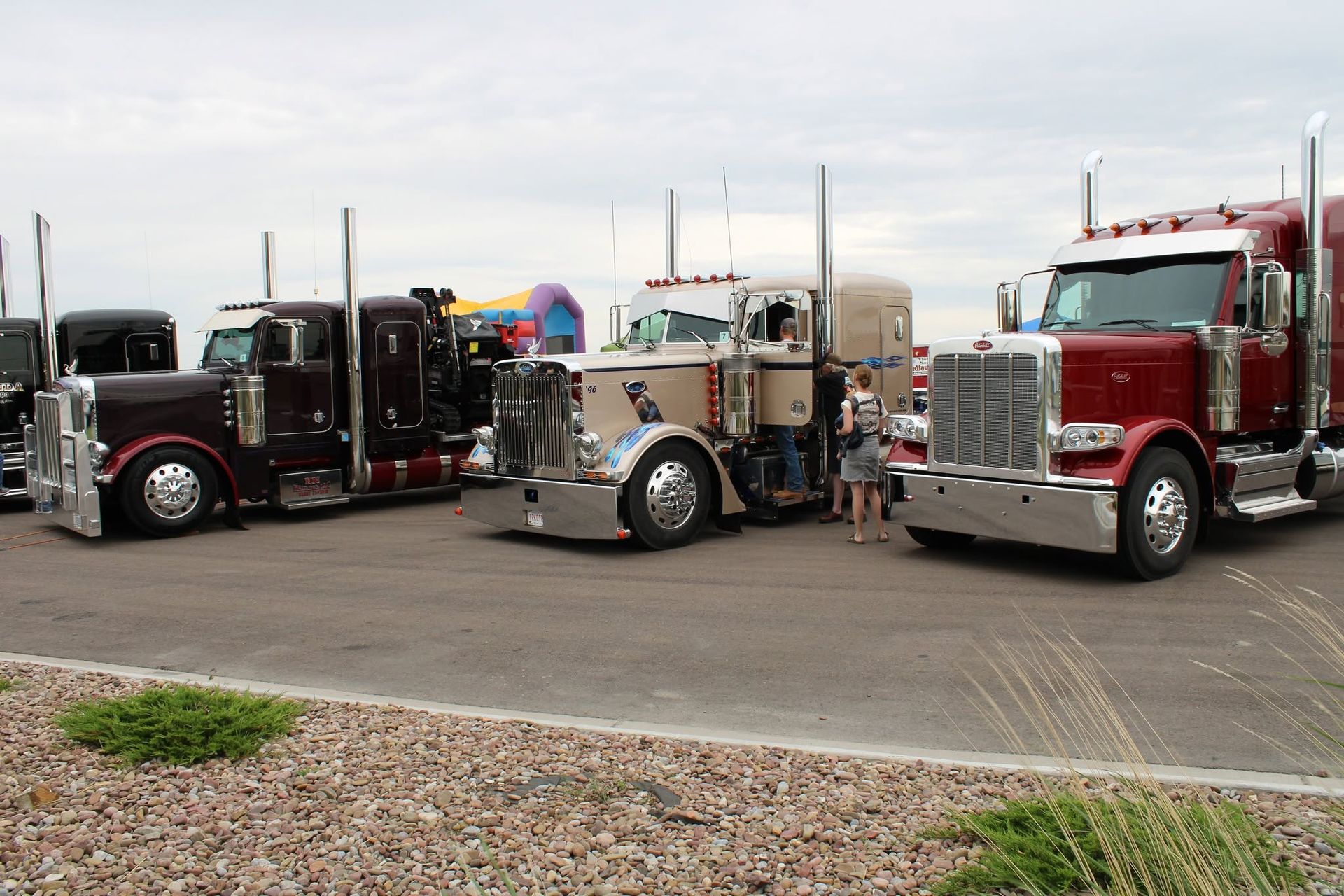 Three classic semi trucks parked side by side in a lot, including red, tan, and black rigs