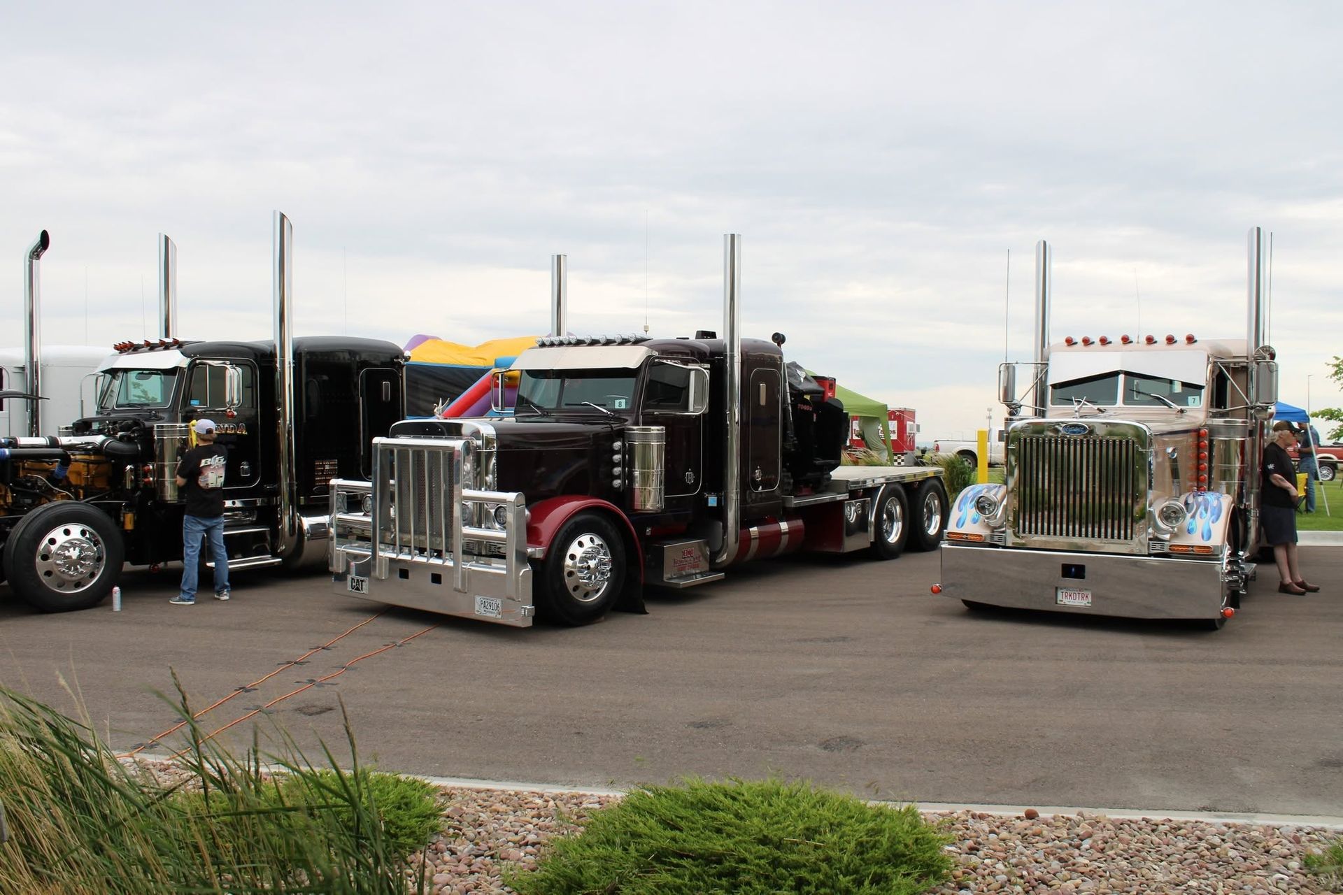 Several semi trucks parked side by side in a lot, including a chrome-fronted maroon truck and a silver truck.