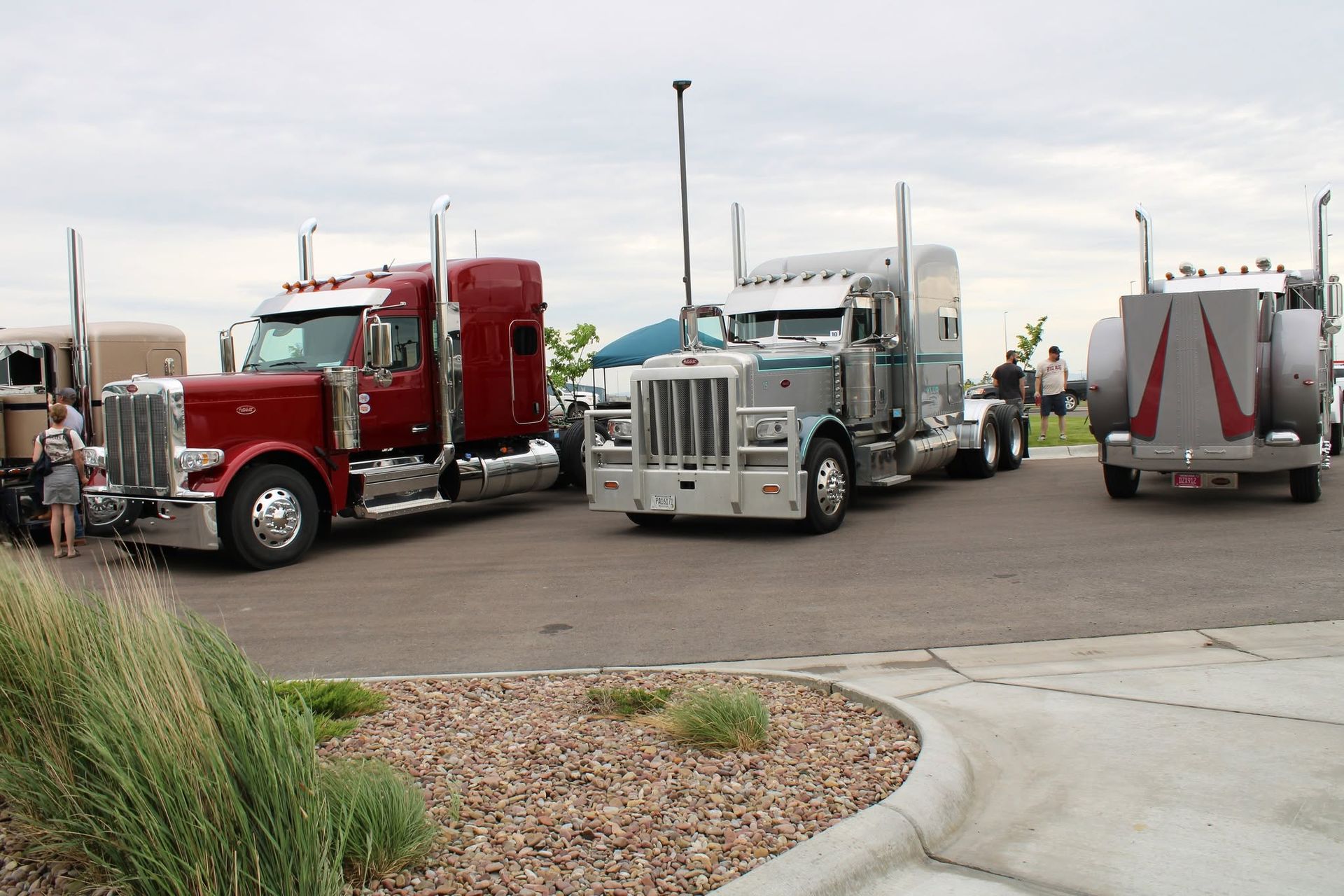 Several parked semi trucks in a lot, including red and silver rigs, under an overcast sky