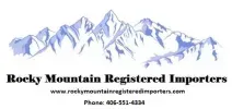 Rocky Mountain Registered Importers logo with blue mountain range and website and phone number