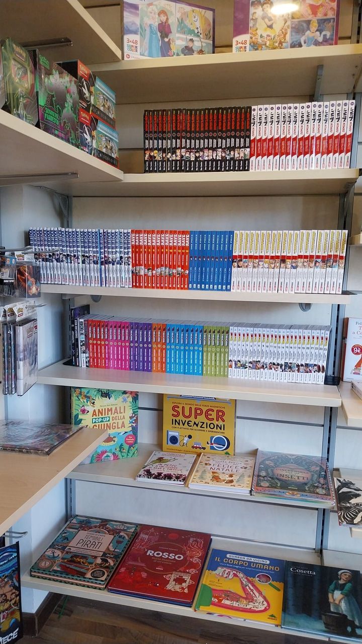 Uno scaffale pieno di libri e giocattoli in un negozio.
