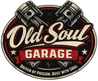Old Soul Garage logo with crossed pistons, red and cream text, and &ldquo;Driven by passion. Built with soul.&rdquo;
