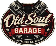 Old Soul Garage logo with crossed pistons, red and cream text, and &ldquo;Driven by passion. Built with soul.&rdquo;