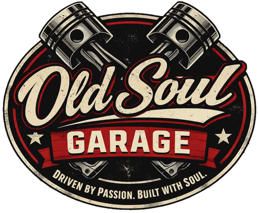 Old Soul Garage logo with crossed pistons, red and cream text, and &ldquo;Driven by passion. Built with soul.&rdquo;