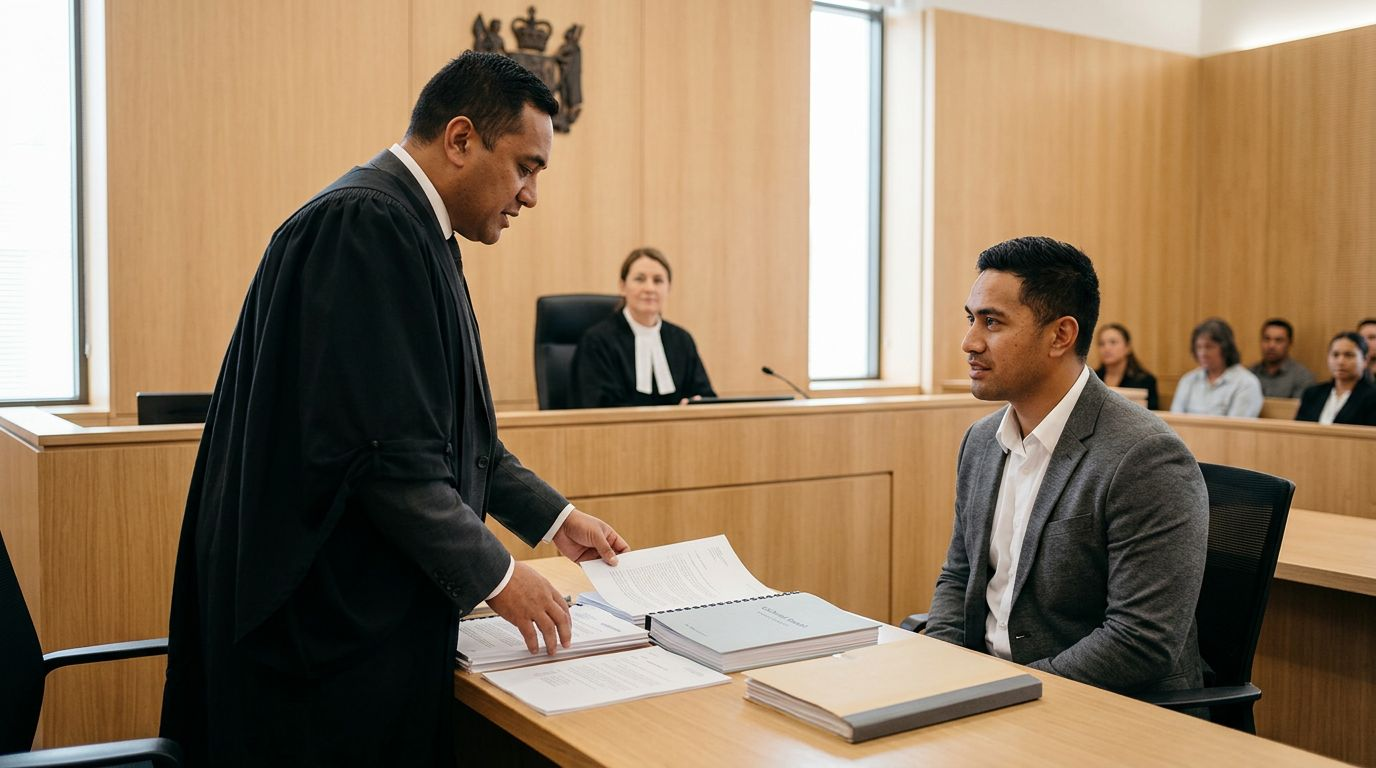 Attorney handing papers to a seated client in a courtroom, with a judge in the background.