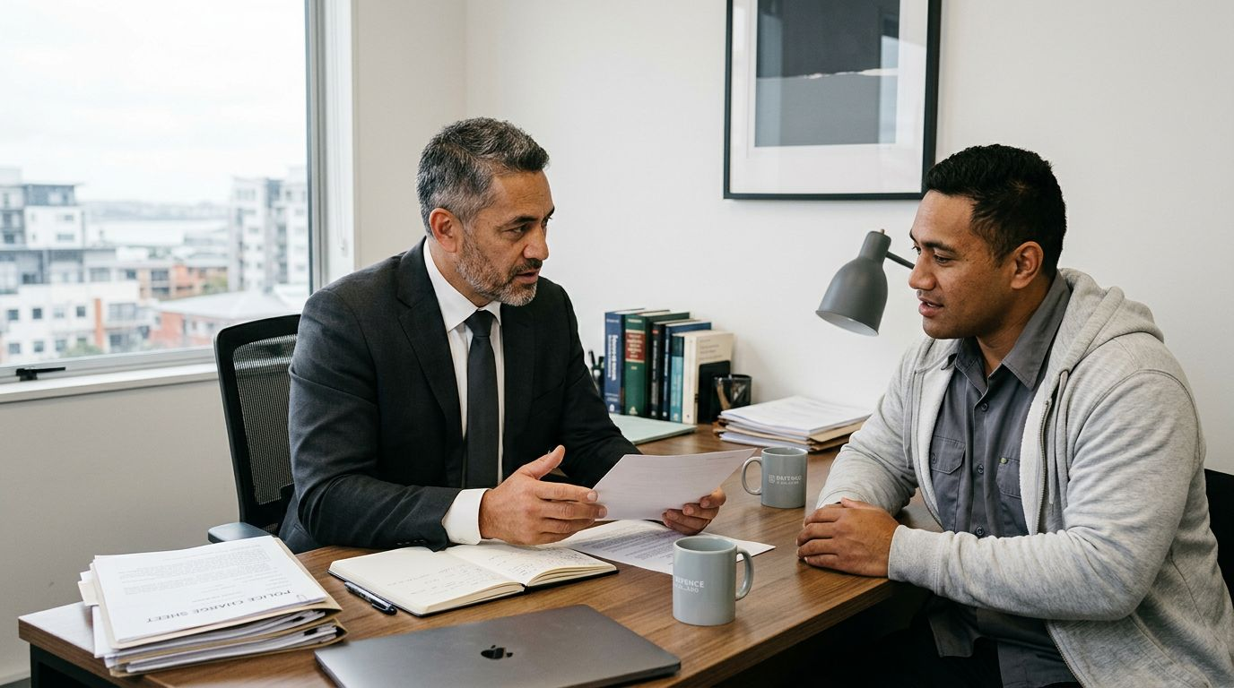 Two people in an office discussing documents at a desk, with a laptop, papers, and coffee mug nearby.