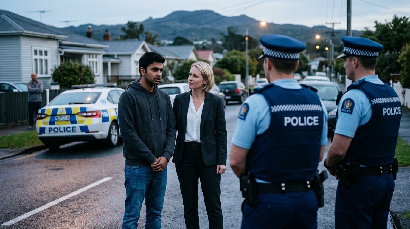 Two police officers question a couple beside a patrol car on a residential street at dusk.