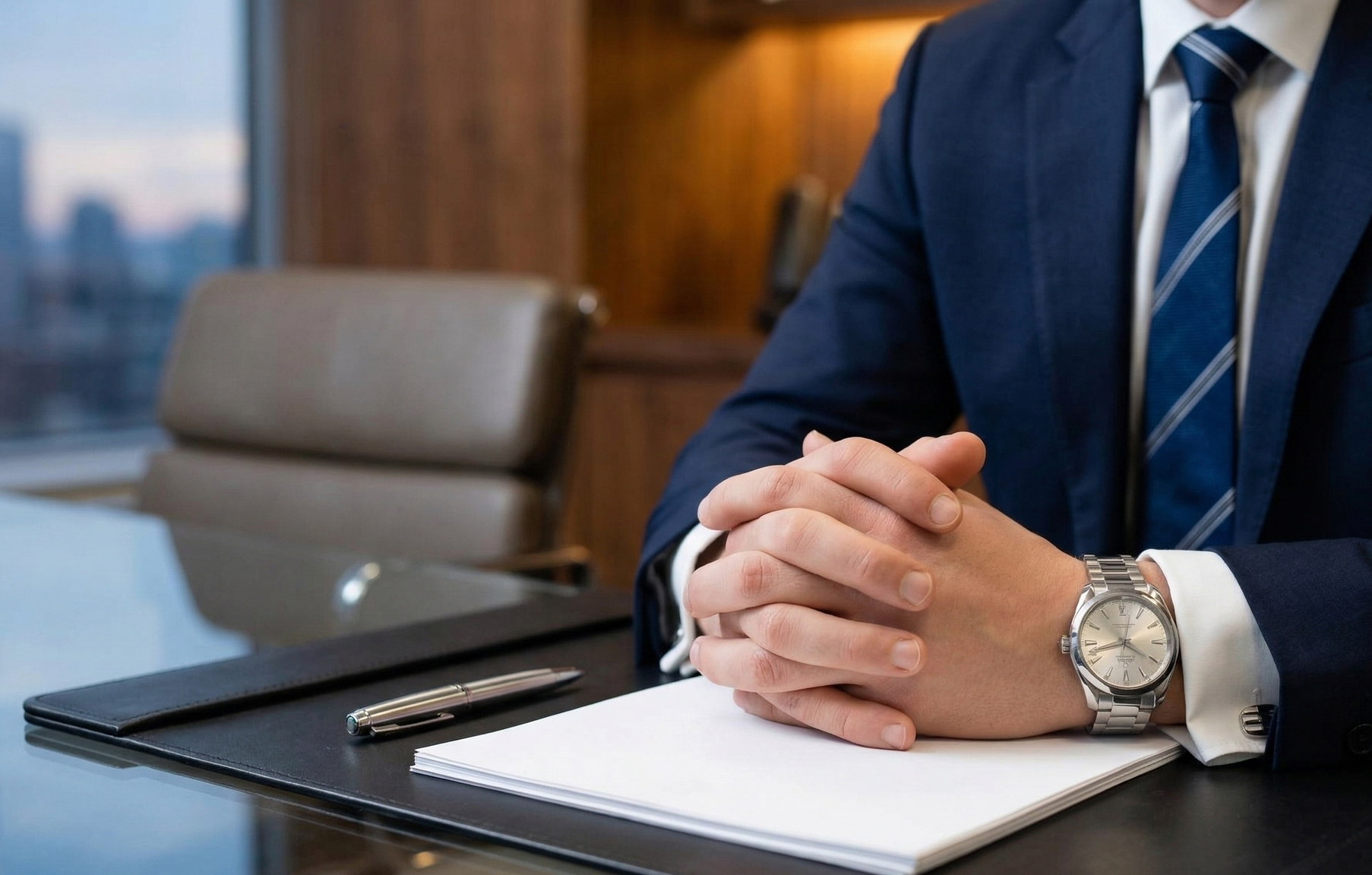 Businessperson in navy suit with clasped hands at a desk, notebook and pen in front of them.