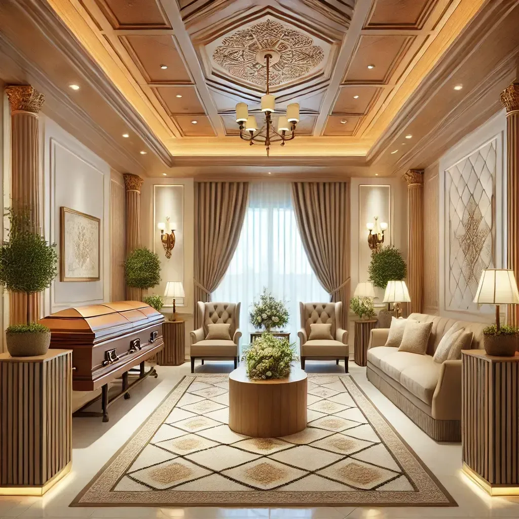 A living room with a couch , chairs , and a coffin.