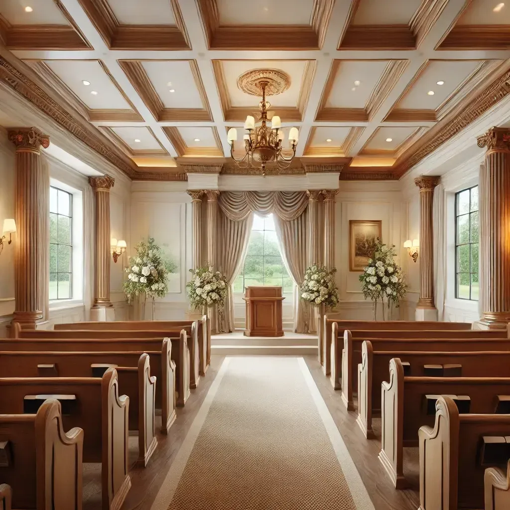 A church with rows of wooden benches and a podium