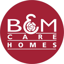 Logo for B&M Care Homes: white text on a maroon circular background with a stylized rose icon replacing the ampersand.