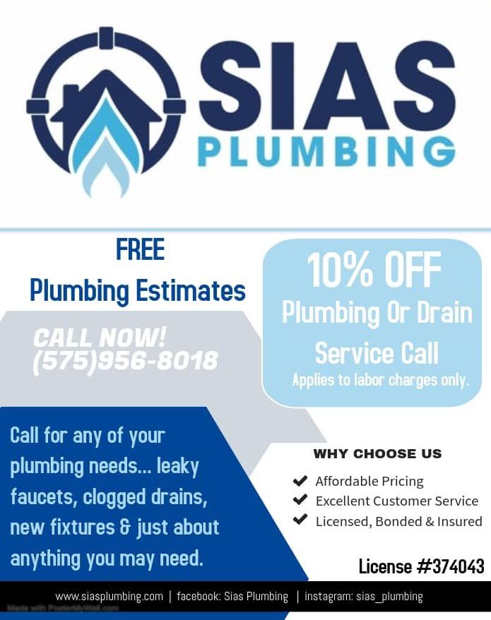 An advertisement for sias plumbing offers a 10 % off plumbing or drain service call