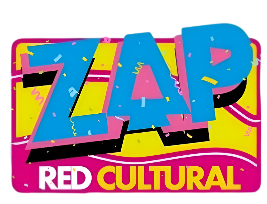 Logotipo colorido de “ZAP” con “RED CULTURAL” sobre fondo rosa, con detalles de confeti.