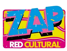Logotipo colorido de “ZAP” con “RED CULTURAL” sobre fondo rosa, con detalles de confeti.