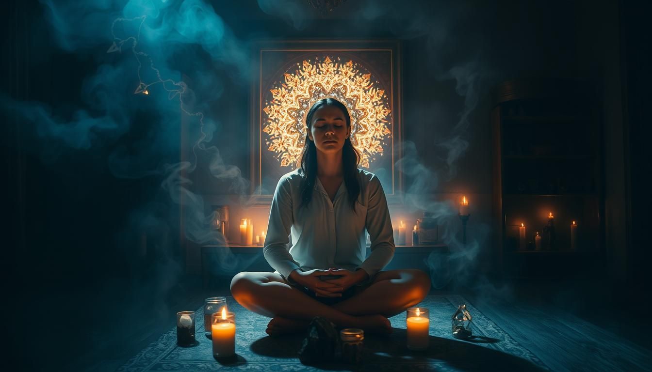 Woman meditating, cross-legged, in a dimly lit room surrounded by candles and a glowing mandala.