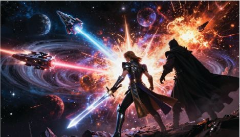 Two silhouetted warriors with swords face a cosmic explosion of planets, stars, and swirling light.