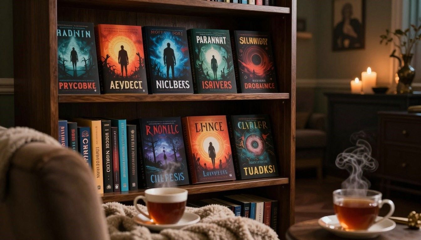 Cozy bookshelf of fantasy novels beside a tea set and lit candles in a warm reading nook