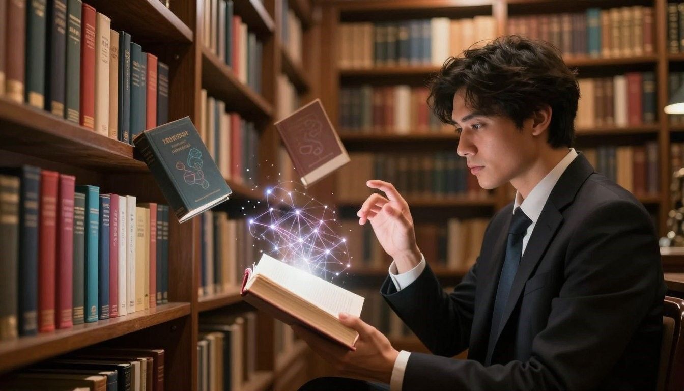 Young man in a library with glowing books floating above an open book