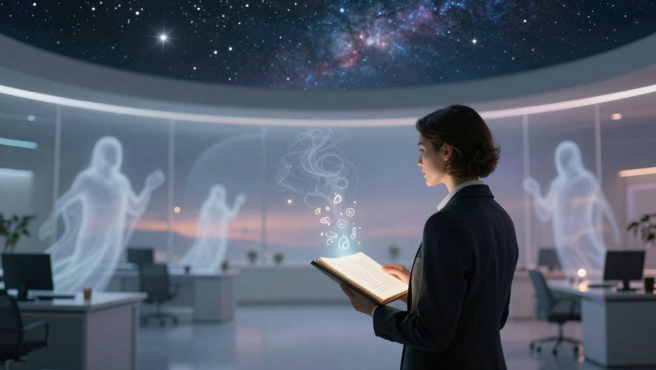Person holding a book in a futuristic control room with holographic figures and a starry sky ceiling