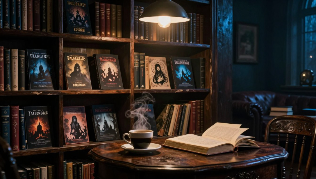 Cozy library with a lit desk lamp, open book, wooden shelves, and a cup on a round table.
