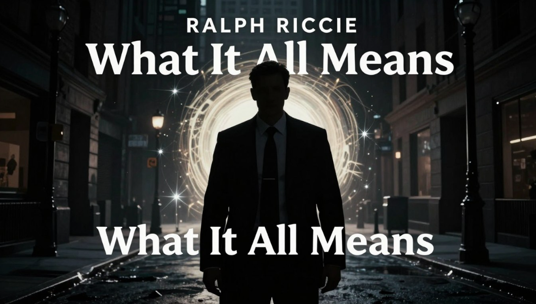 Book cover for “What It All Means” by Ralph Riccie, showing a silhouetted man in a glowing, dark alley.