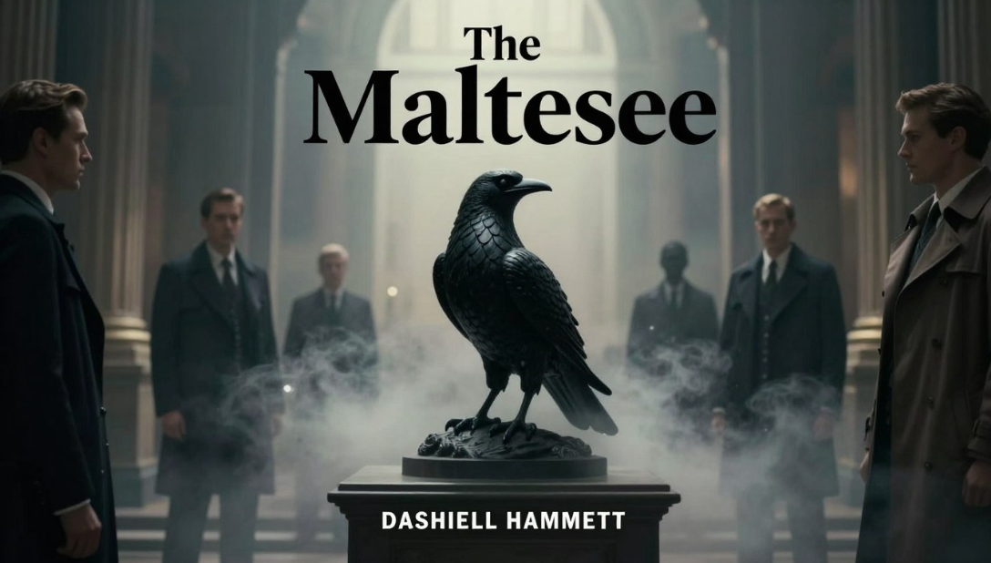 The Maltese Falcon poster with a black bird statue amid fog and two men facing it in a dim room