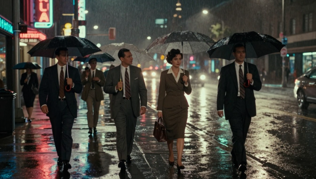 Four people walk with umbrellas through a rainy neon-lit city street at night.