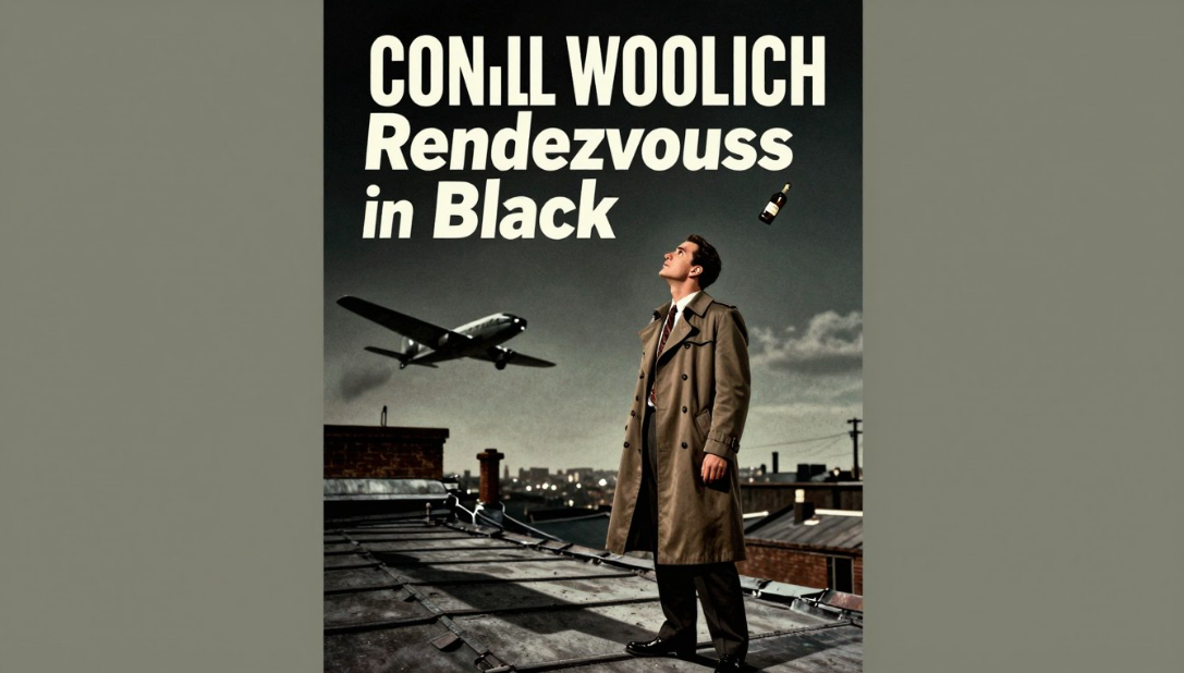 Movie poster with man in trench coat on a runway, airplane overhead; text reads “Con.II Woolich Rendezvous in Black”