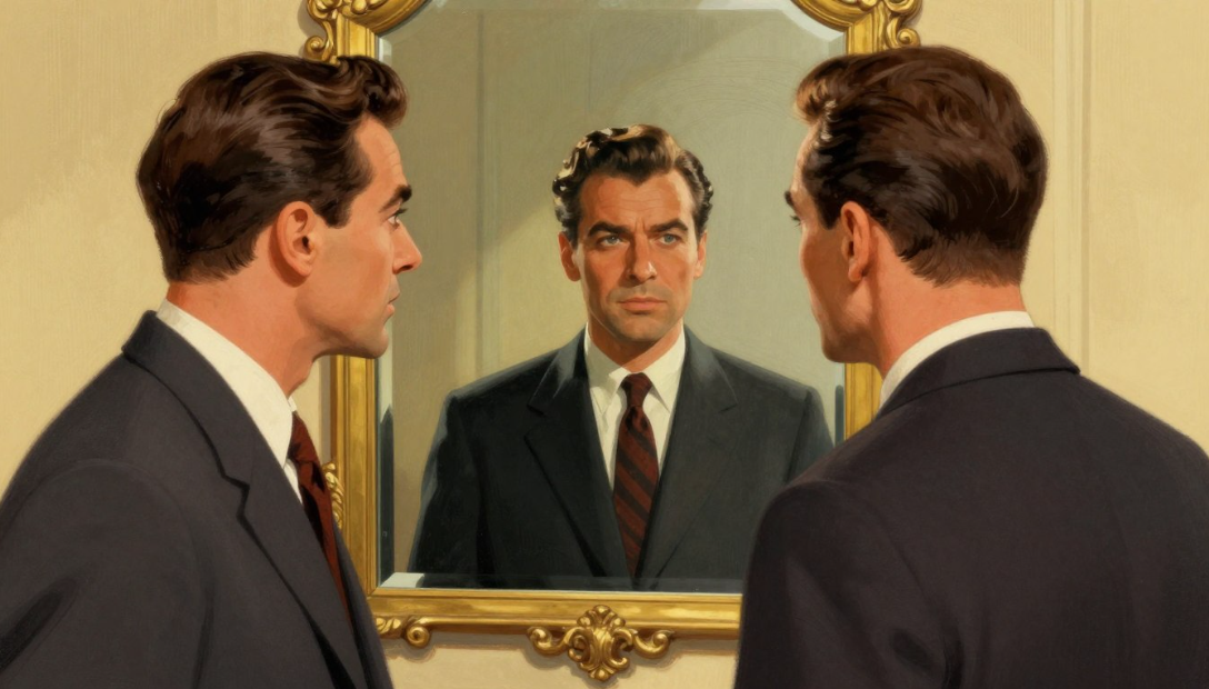 Man in suit faces a mirror, his reflection centered in an ornate gold frame.