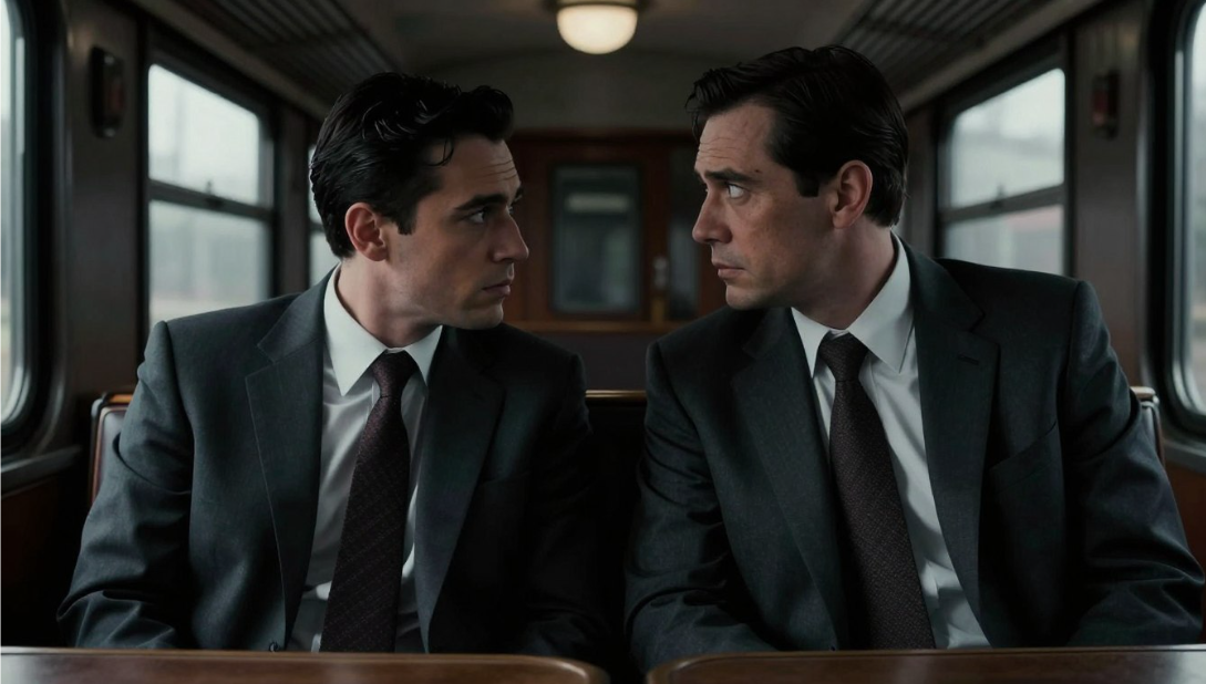 Two men in dark suits sit facing each other on a train, speaking seriously.