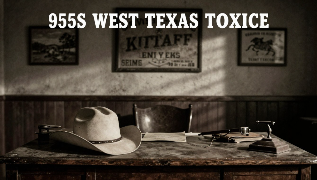 Cowboy hat and revolver on a wooden table in a dim Western bar interior with wall signs.