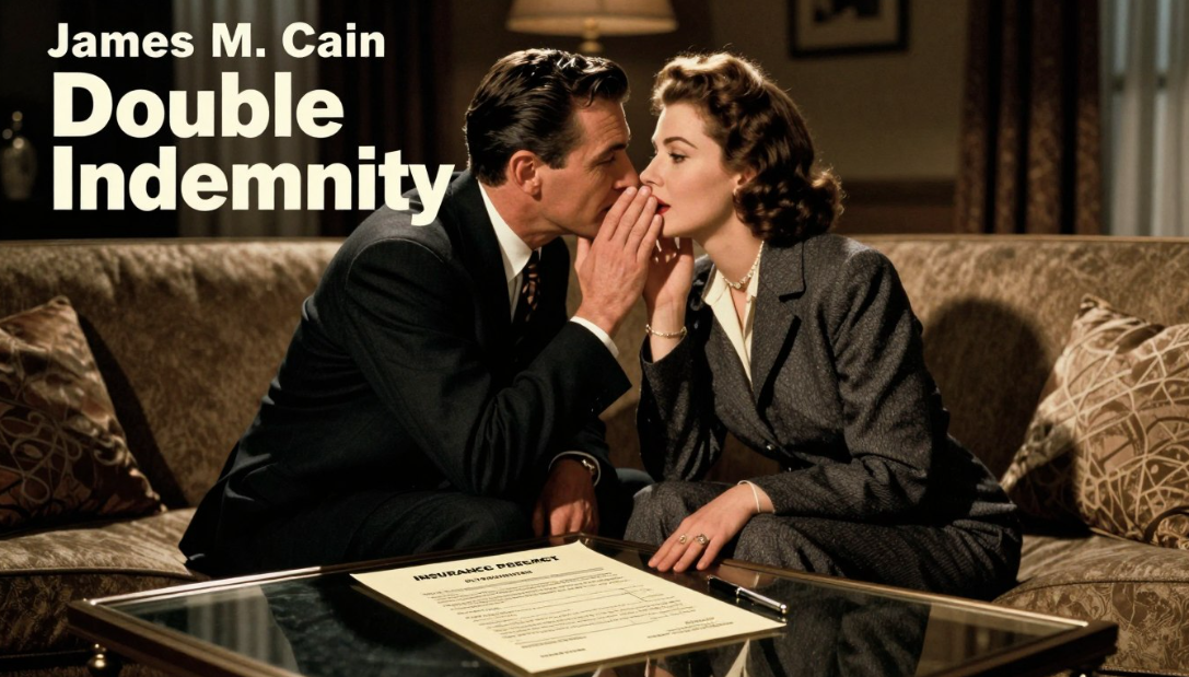 Two people sit close on a couch in a dim room, with the title “Double Indemnity” in the corner.