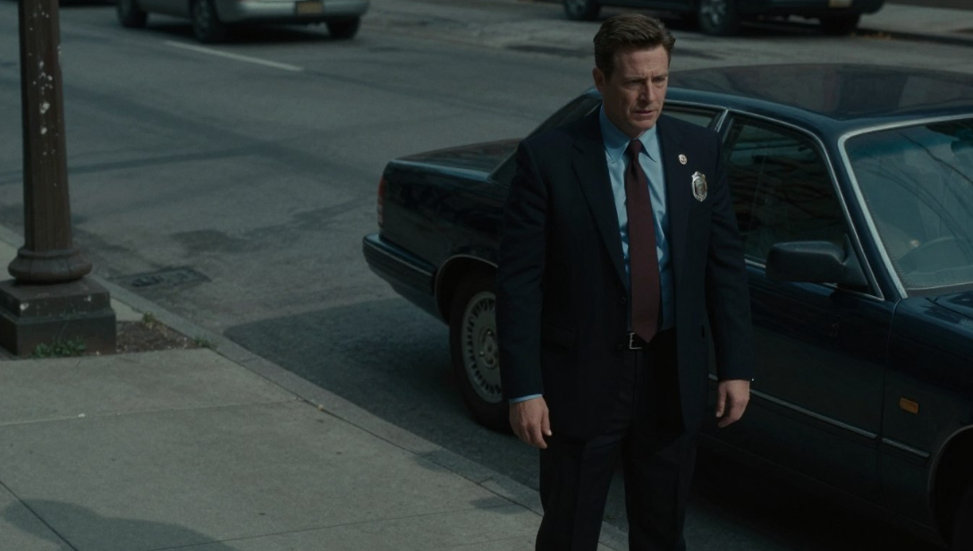 Man in a dark suit standing beside a black car on a city street sidewalk