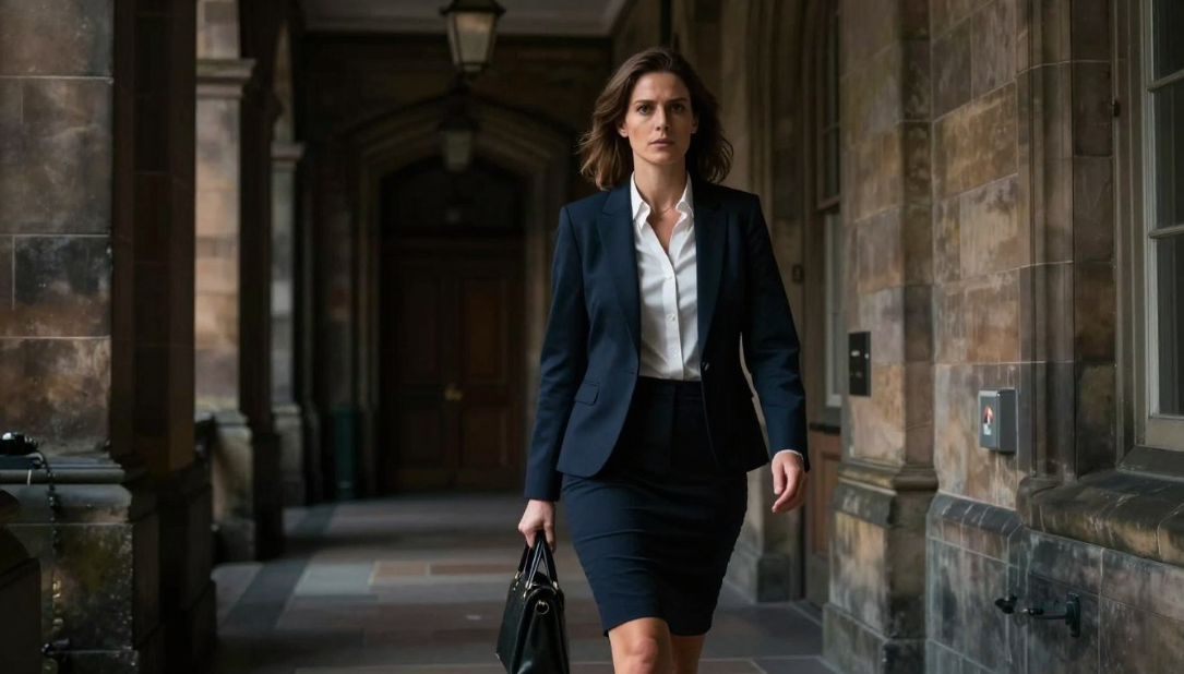 Woman in a dark suit walking through a stone corridor, carrying a handbag.