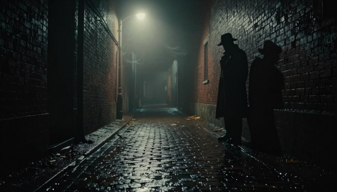 Dimly lit wet alley at night with two silhouetted figures standing near a lighted doorway