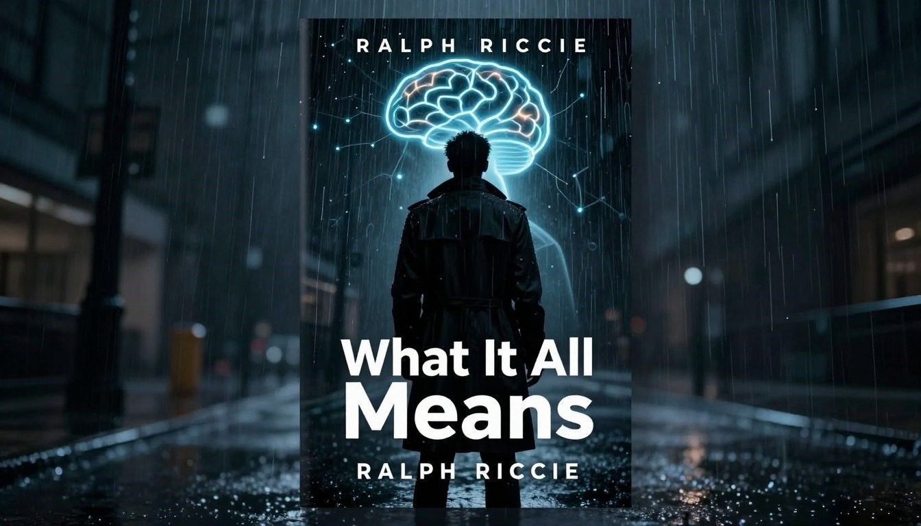 Man in rainy alley beneath glowing brain graphic, with title “What It All Means” at center