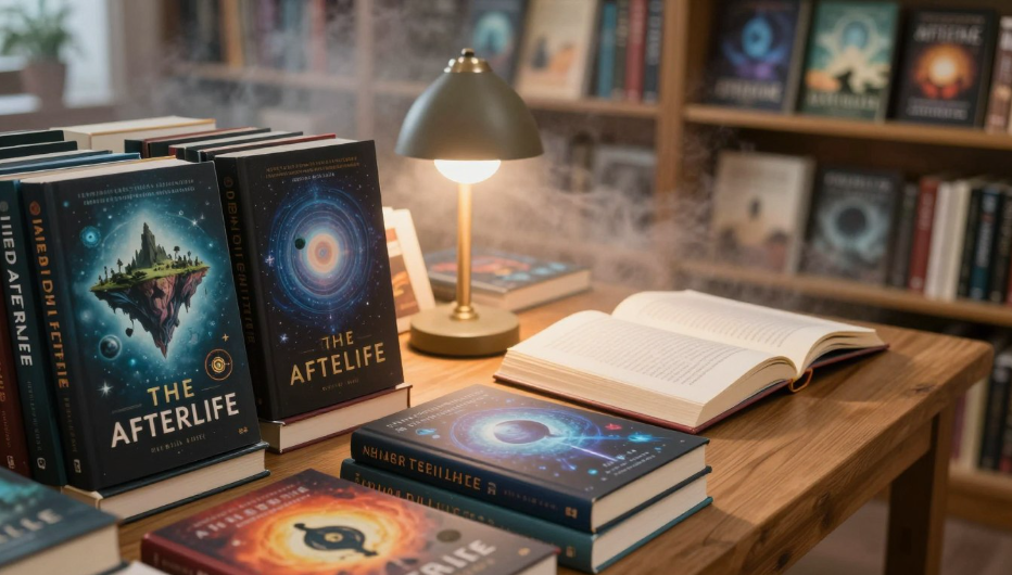 Stack of “The Afterlife” books on a wooden desk beside an open book and lit lamp.