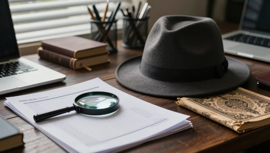 Desk with fedora hat, magnifying glass, notebook, and books beside a laptop in a study setting